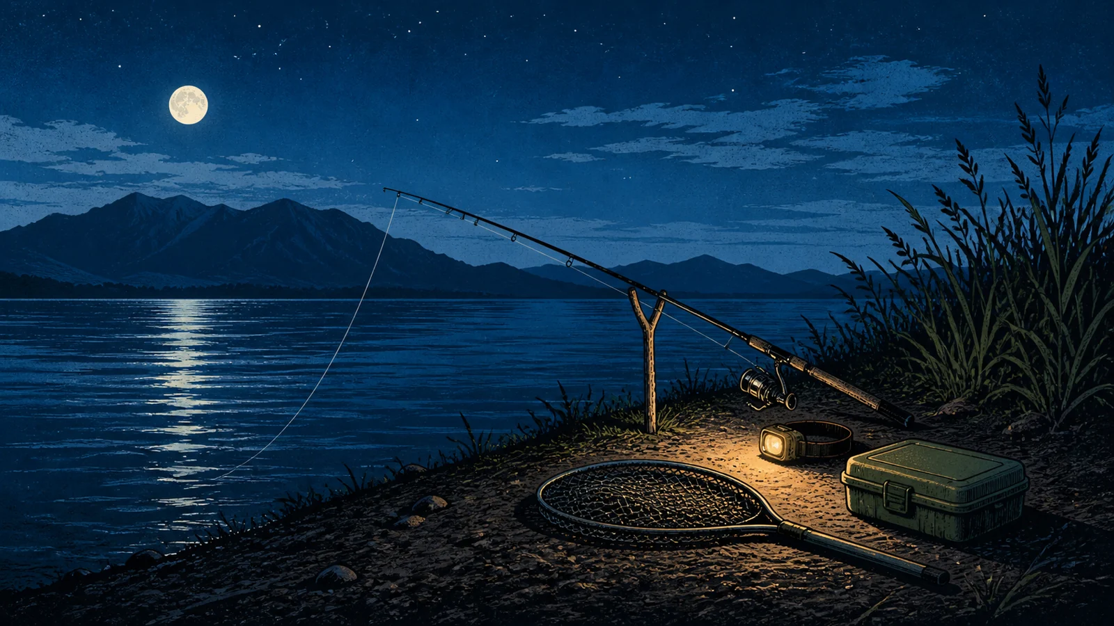 Screenprint illustration of a single catfish rod, landing net, tackle box, and headlamp arranged on a Utah Lake bank at night