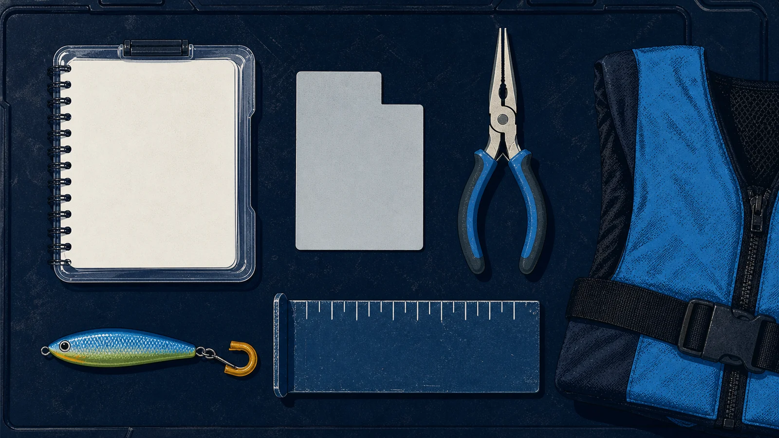 Top-down screenprint illustration of a blank pocket guide, license card, pliers, measuring board, lure, and personal flotation device